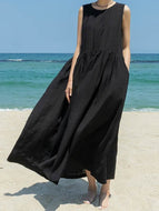 Cotton Linen Casual Pocket Solid Color Sleeveless Long Hem Dress