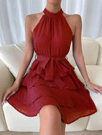 Hanging Neck Stitching Sleeveless Ruffled Waist and Tie Elegant Cake Dress