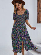 Round Neck Design Sense Vacation Beach Casual Home Floral Bohemian Print Dress