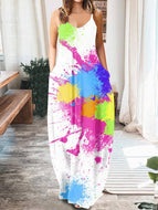 Women Fashion Butterfly V-Neck Sleeveless Sling Maxi Dress Loose Big Swing Long Robes