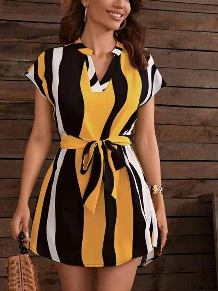 Women Stand Collar Short Sleeve Lace-Up Slim Fit Striped Dress