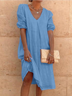 Cotton and Linen Women's Solid Color Fashion New Mid-length Sleeve Casual Mid-length Dress