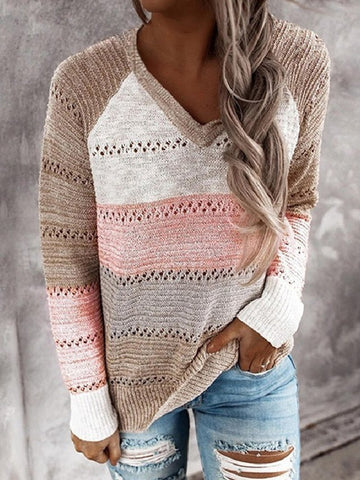 Autumn/Winter New Color Matching Hollow Loose V-neck Sweater