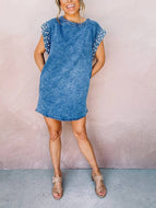 Summer Beaded Pearl Sleeve Crew Neck Midi Denim Dress