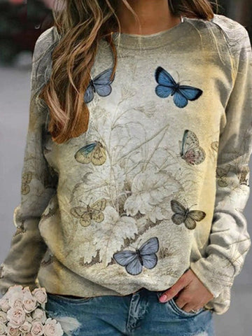 Butterfly Fly Print Crew Neck Long Sleeve Sweatshirt