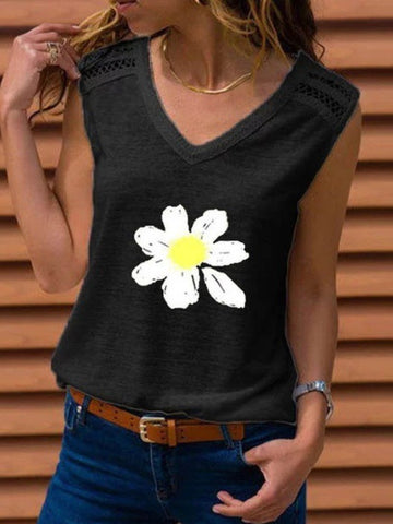 Casual V-neck Sleeveless Print T-shirt Tops