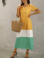 Summer New Style Stitching Contrast Color V-neck Short-sleeved Long Dress