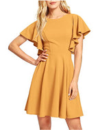 Summer New Solid Color Round Neck Lotus Leaf Sleeves Waist and Slim Dress