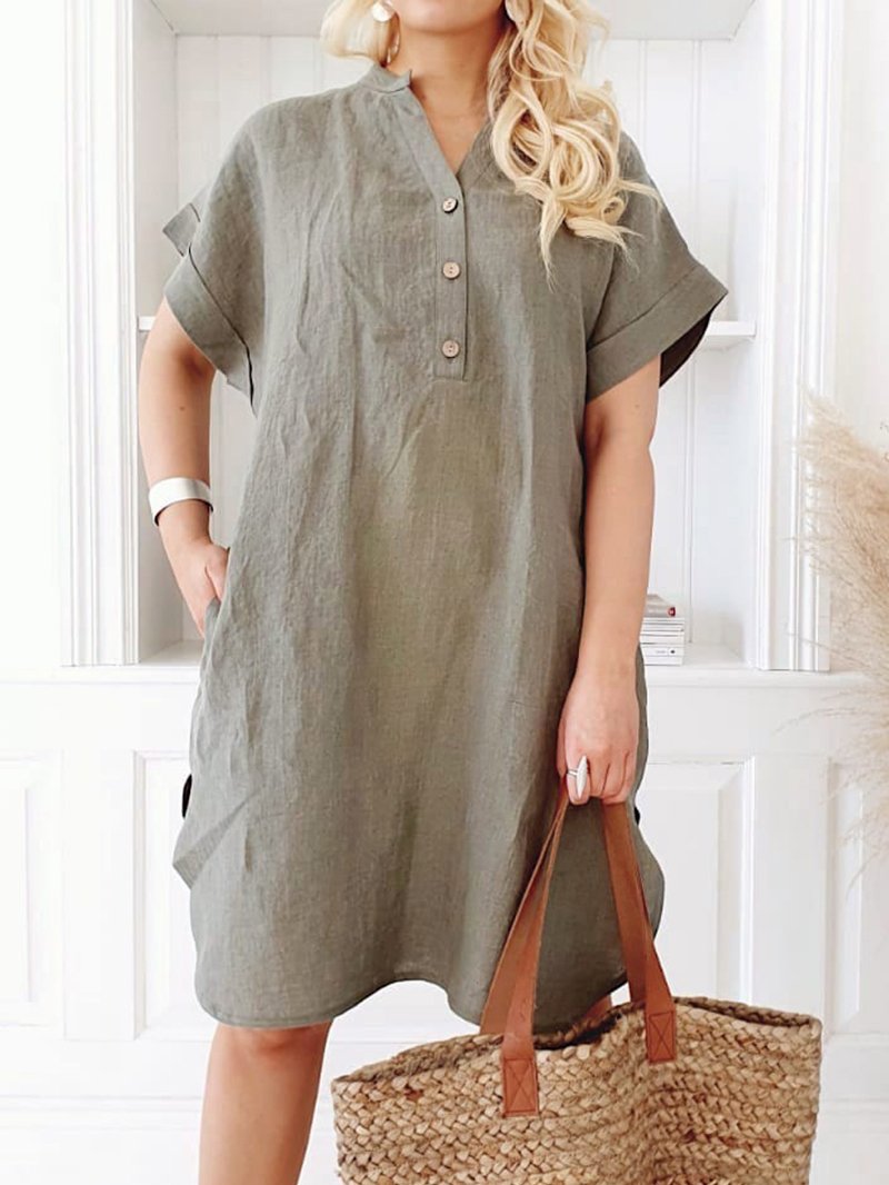 Casual Short-sleeved V-neck Cotton Dress