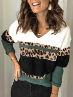 Leopard Print Patchwork Fashion V-neck Knit Sweater