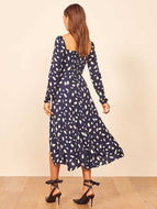 Floral Square Neck Long Sleeve Slit Design Dress Slim Fit Sexy Midi Dress