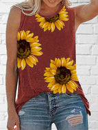 Sunflower Pattern Printed Round Neck Sleeveless Tank Top T-shirt