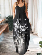 Women Fashion Butterfly V-Neck Sleeveless Sling Maxi Dress Loose Big Swing Long Robes