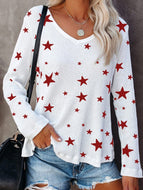 Star V-neck Printed Casual Long-sleeved T-shirt