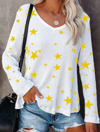 Star V-neck Printed Casual Long-sleeved T-shirt