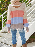 V-neck Stripe Contrast Long Sleeve Sweater