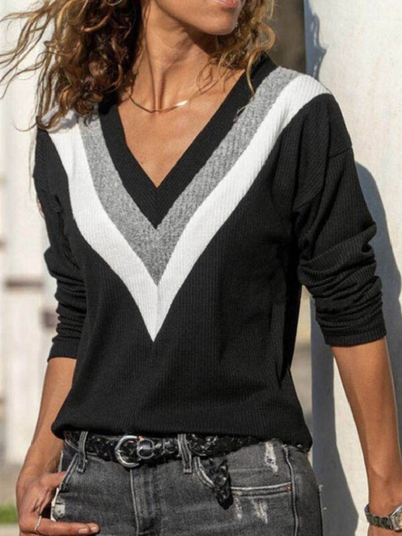 V-neck Long-sleeved Contrast Sweater Loose T-shirt