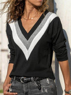 V-neck Long-sleeved Contrast Sweater Loose T-shirt