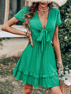 Green V Neck Low Cut Sexy Bow Short Sleeved Waist Length Dress