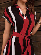 Women Stand Collar Short Sleeve Lace-Up Slim Fit Striped Dress