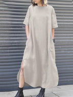 Irregular Long Dress with Round Neckline In Cotton and Linen