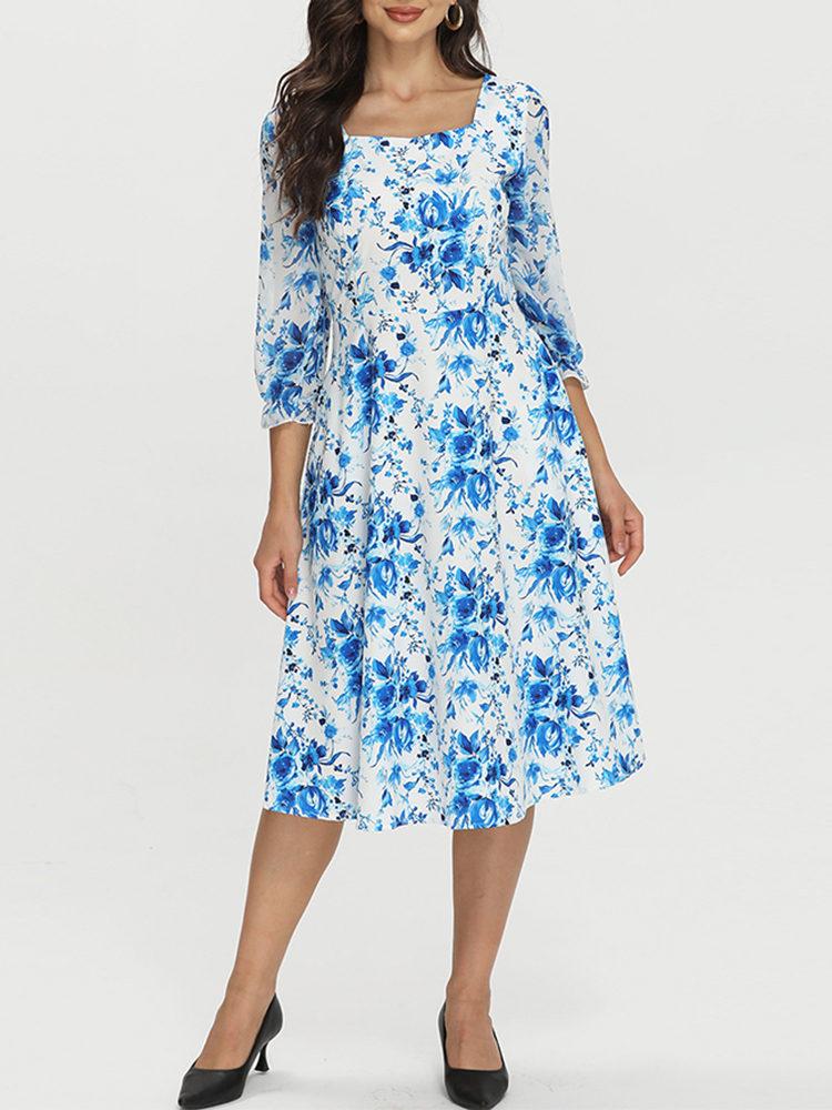 Blue Printed Square Neck Dress