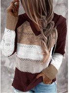 Women New Multicolor Stitching Hooded Pullover Sweater