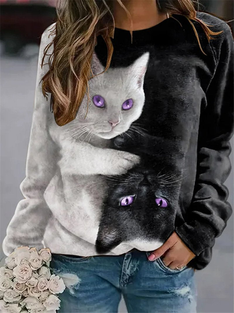 Black and White Cat Print Round Neck Long Sleeve Pullover Sweatshirt Female