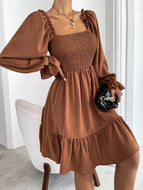 Square Neck Long Sleeve Ruffled High Waist Dress