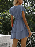 Summer New Fashion V-neck Petal Sleeve Solid Color Waist Cake Dress