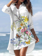 Spring New Women's Fashion Romantic Print Irregular Pocket Shirt Dress