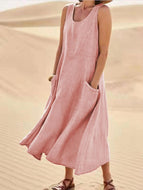 New Popular Sleeveless Solid Color Women's Cotton and Linen Dress