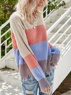 V-neck Stripe Contrast Long Sleeve Sweater