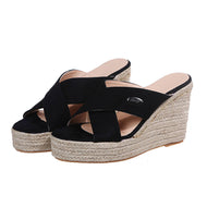 Bohemian Platform Hemp Wedge Crossover Roma Slides Slippers For Plus Size