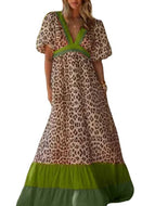 Sexy Deep V Neck Puff Sleeve Leopard Print Colorblock Long Dress