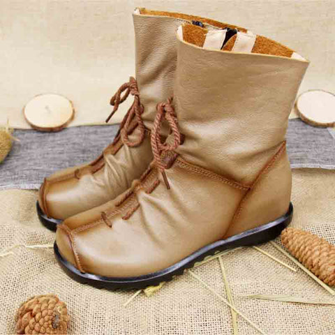 Handmade Pleated Martin Boots Cotton Boots Leather Women's Boots Top Leather Comfortable Knight Boots Soft Soled Short Boots