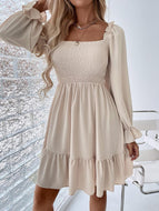 Square Neck Long Sleeve Ruffled High Waist Dress