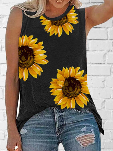 Sunflower Pattern Printed Round Neck Sleeveless Tank Top T-shirt