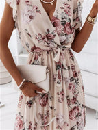 Women's Ruffle Short Sleeve V Neck Print Dress Fashipn Midi Dresses