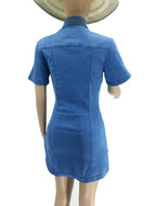 Summer Women New Lapel Short-sleeved Elastic Waist Slimming Denim Dress