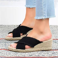 Women's Wedge Sandals Denim Fashion Hemp Woven Lightweight High Heel Slippers