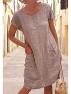 Loose Solid Pocket Short Sleeve Crew Neck Cotton Linen Dress