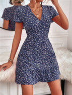 Summer New V-neck Short-sleeved Floral Waist Slim Dress