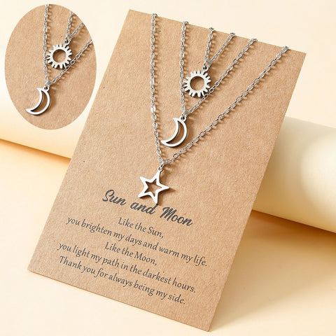 Europe and the United States New Hollow Stainless Steel Sun Moon Star Card Necklace Couple Clavicle Chain Set