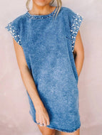 Summer Beaded Pearl Sleeve Crew Neck Midi Denim Dress