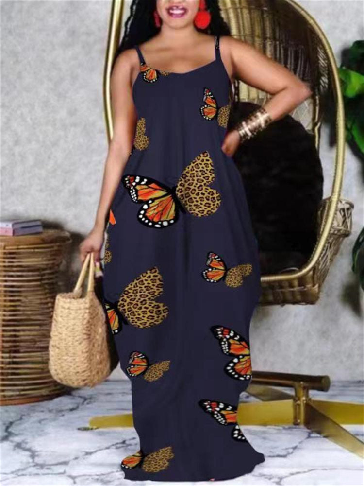 New Arrivals Fashion Butterfly Print Plus Size Sexy Sling Dress Loose Party Maxi Dress