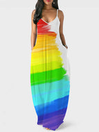 Colorful Striped Gradient V-Neck Loose Casual Comfortable Slip Dress