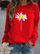 Sunflower Print Crew Neck Long Sleeve Fleece Sweatshirt