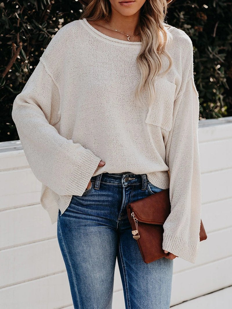 Round Neck Pocket Loose Casual Women's Sweater