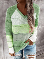 Autumn/Winter New Color Matching Hollow Loose V-neck Sweater